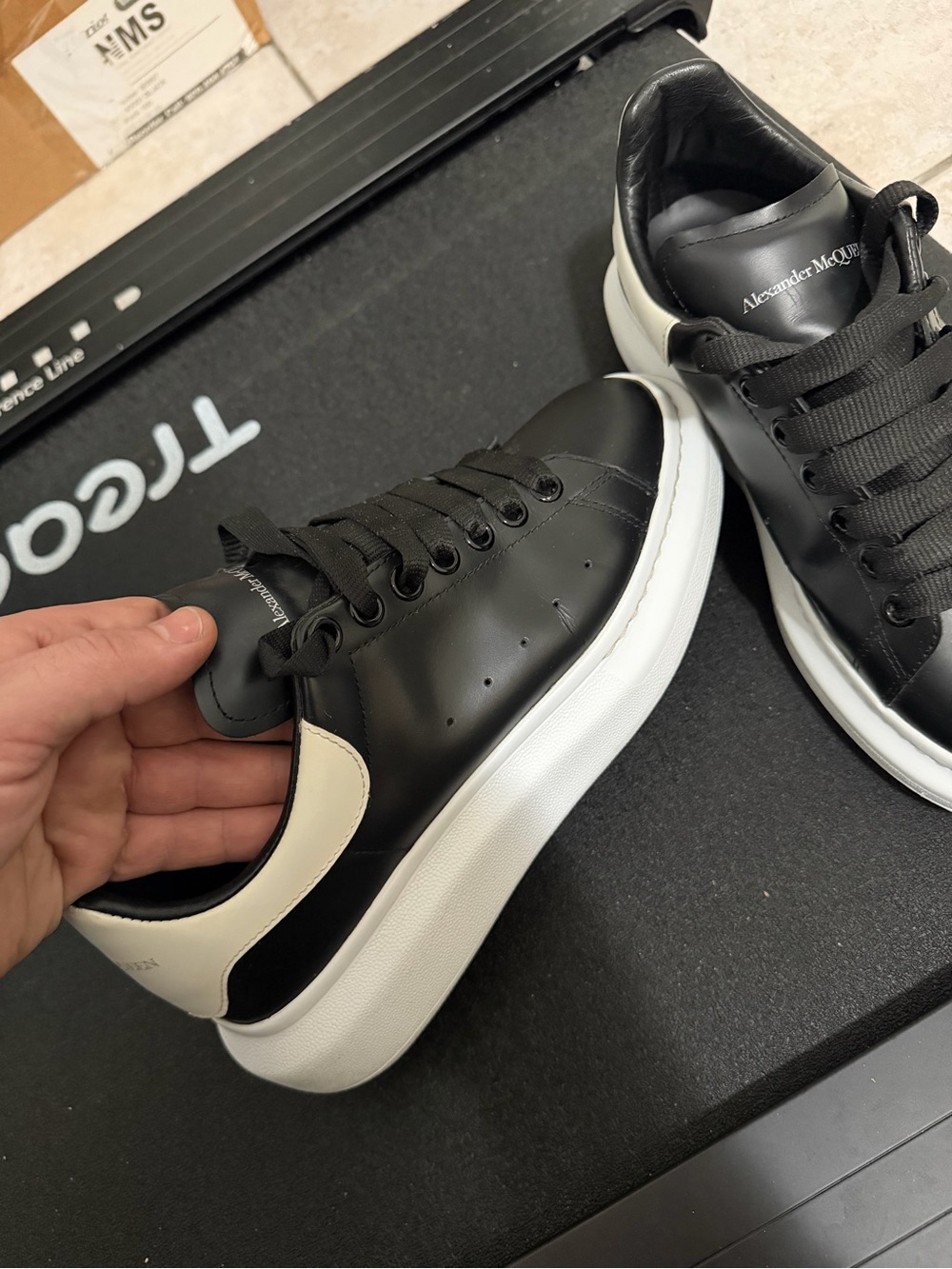 Alexander McQueen Black Leather Sneakers with White Heel Tab and Sole
